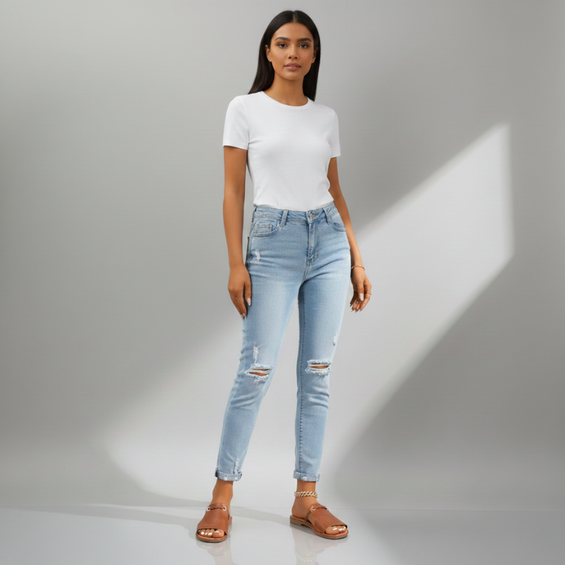 Woman wearing a white t-shirt and light blue jeans on a gray background