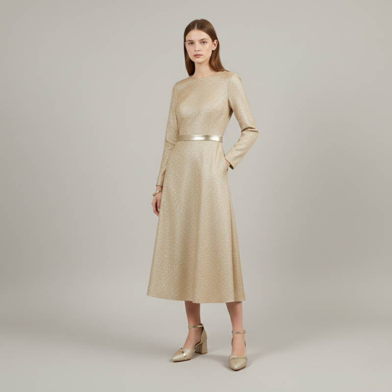 Woman wearing a gold long sleeve midi dress with a fitted waist, styled with gold block heel ankle strap shoes on a neutral studio background.