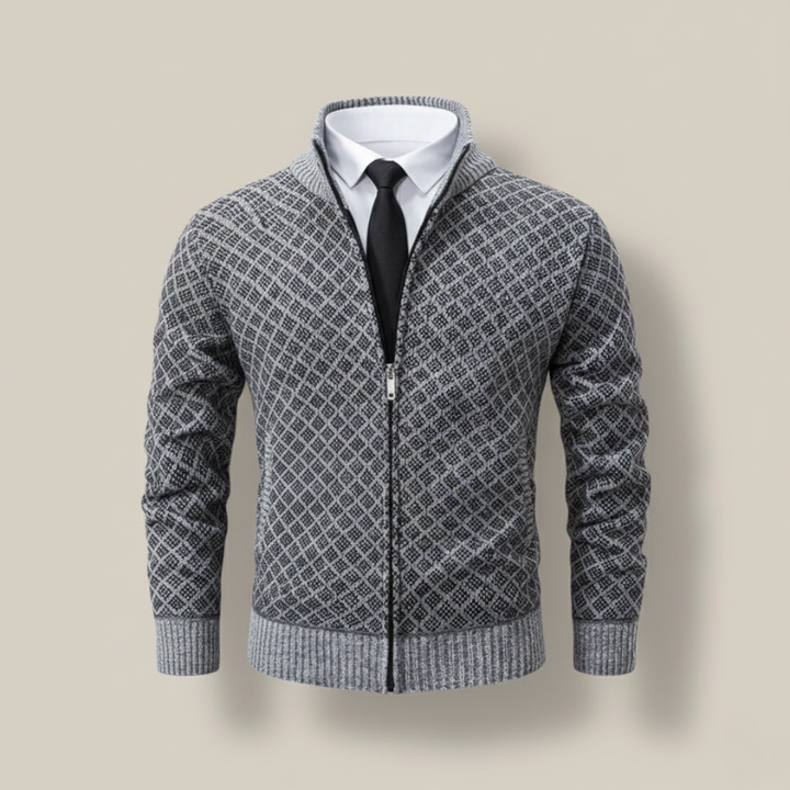 Flatlay of a gray patterned zip cardigan displayed with a dress shirt and tie for a clean styled look.