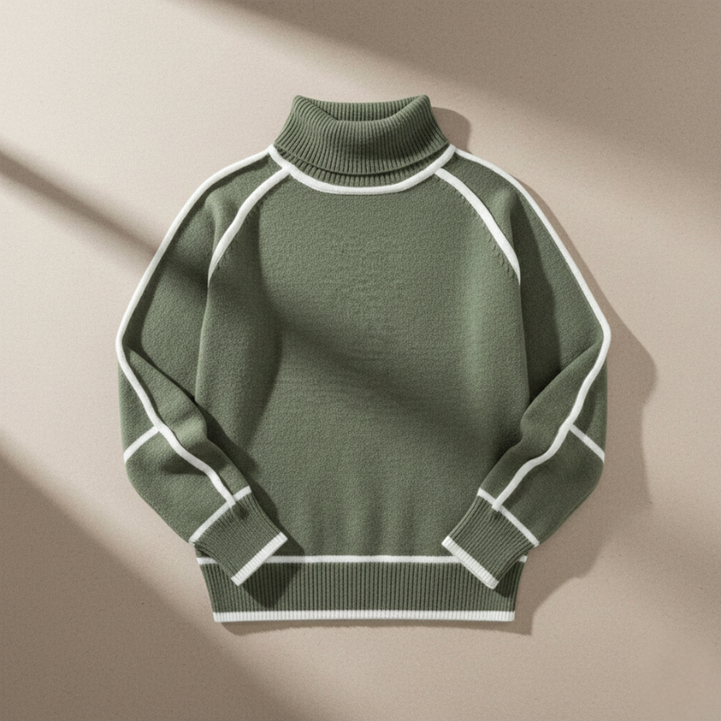 Flatlay of a green mock neck sweater with white contrast trim displayed on a neutral surface.
