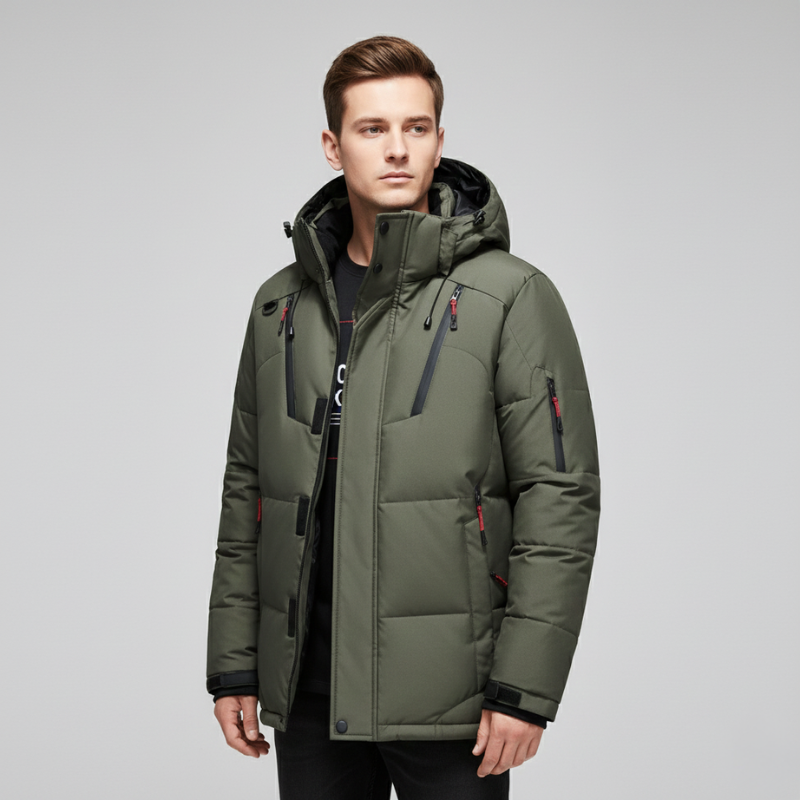 model wearing green down parka showcasing insulated hood and winter-ready design