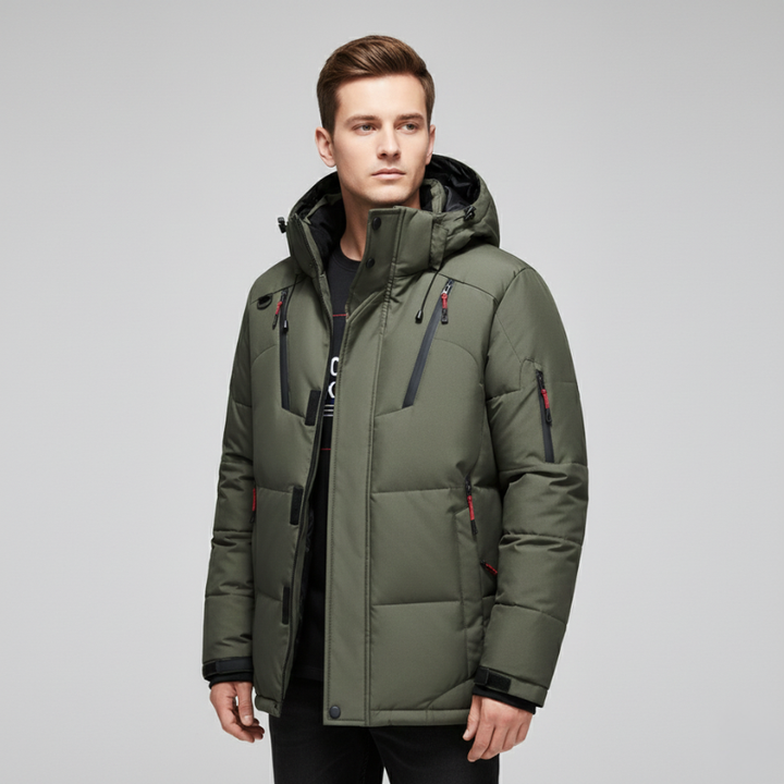 model wearing green down parka showcasing insulated hood and winter-ready design