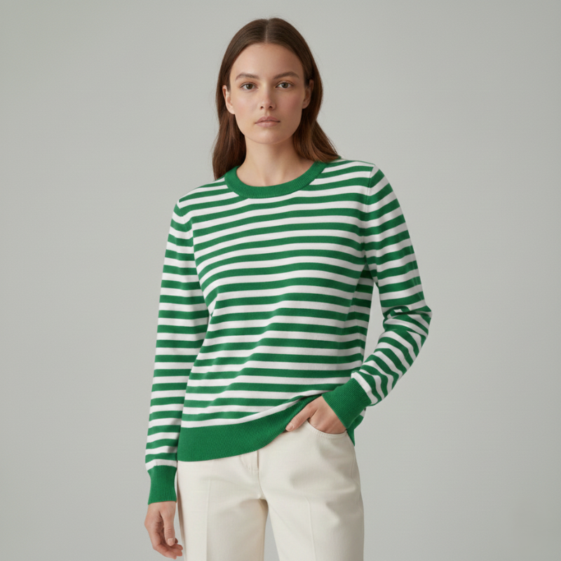 model posing in green and white striped sweater styled with light casual outfit
