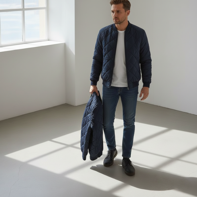 Navyblaue Steppjacke mit sportlich-elegantem Schnitt, getragen in einem minimalistischen Studio mit weichem Licht.