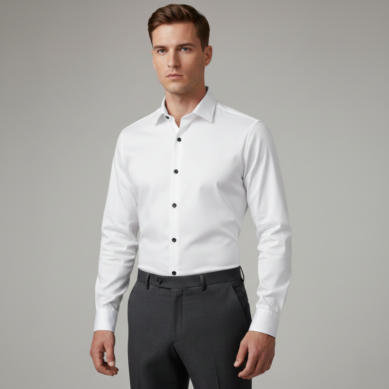 Modell trägt ein weißes Businesshemd in moderner, klarer Passform vor neutralem Hintergrund.