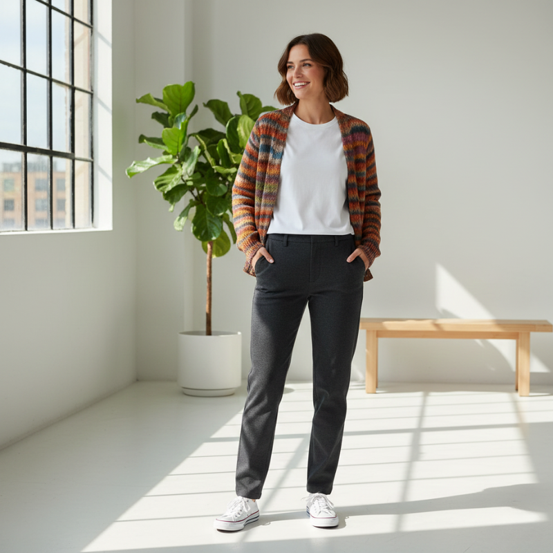 Woman standing in a bright room with a plant and wooden bench