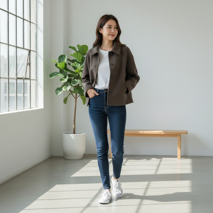 Woman standing in a bright room with a plant and wooden bench
