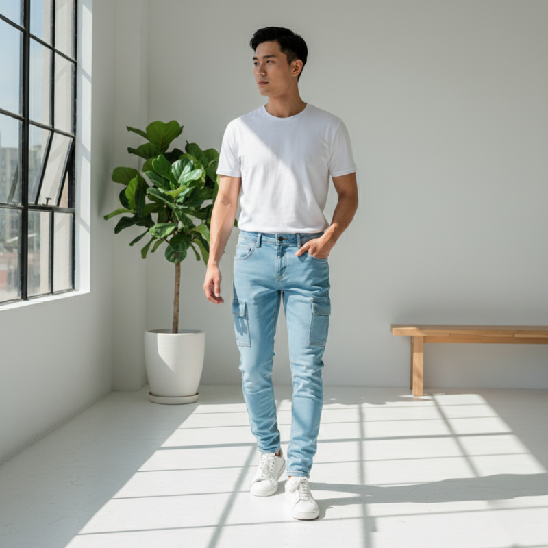 Model wearing light blue cargo jeans styled casually in bright indoor setting