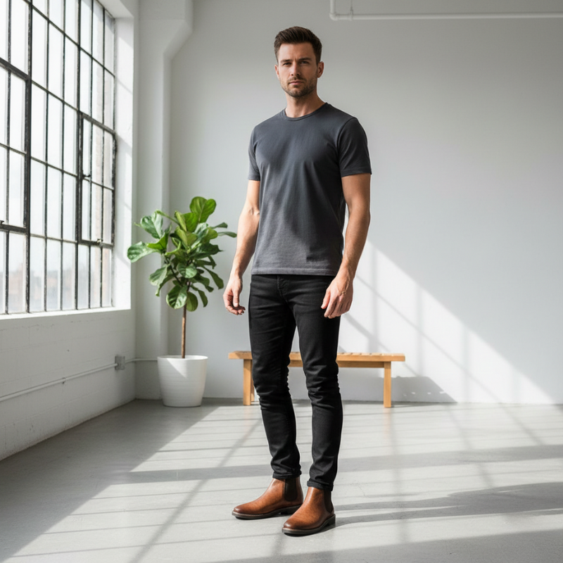Man wearing a dark gray t-shirt, black pants, and brown shoes standing in a bright room with large windows.