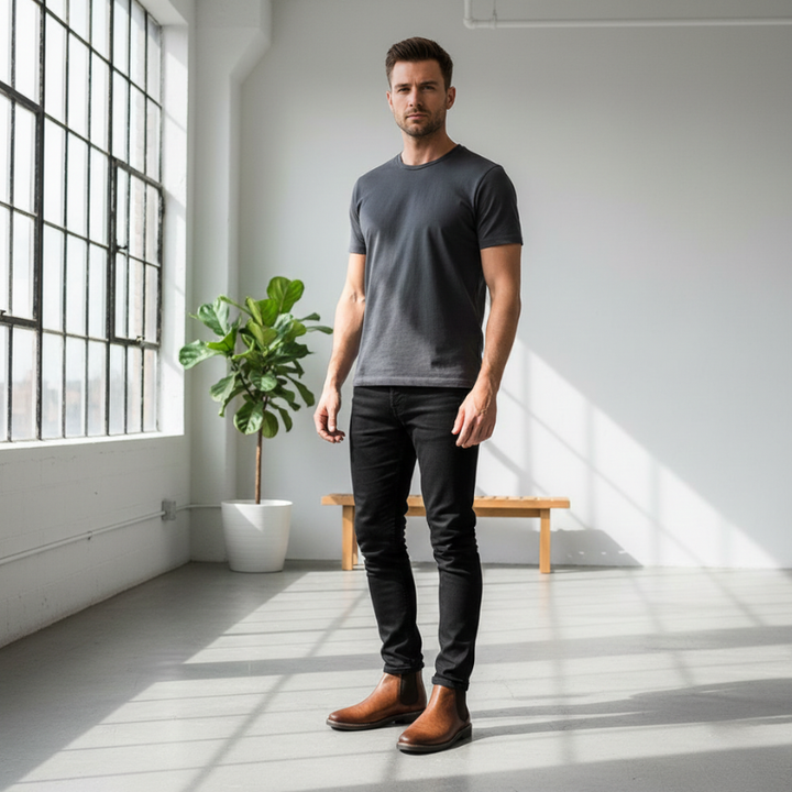 Man wearing a dark gray t-shirt, black pants, and brown shoes standing in a bright room with large windows.