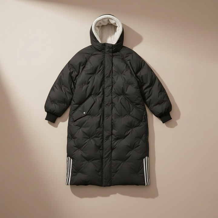 Black puffer coat with white lining on a beige background