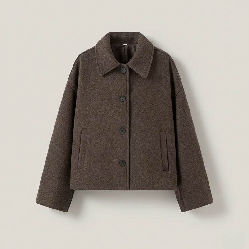 Brown coat with button details on a light beige background