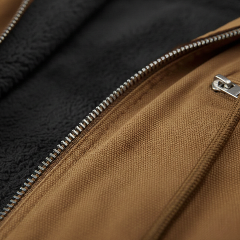 Close-up of a brown jacket’s inner lining showing zipper, stitching, and padded interior texture.