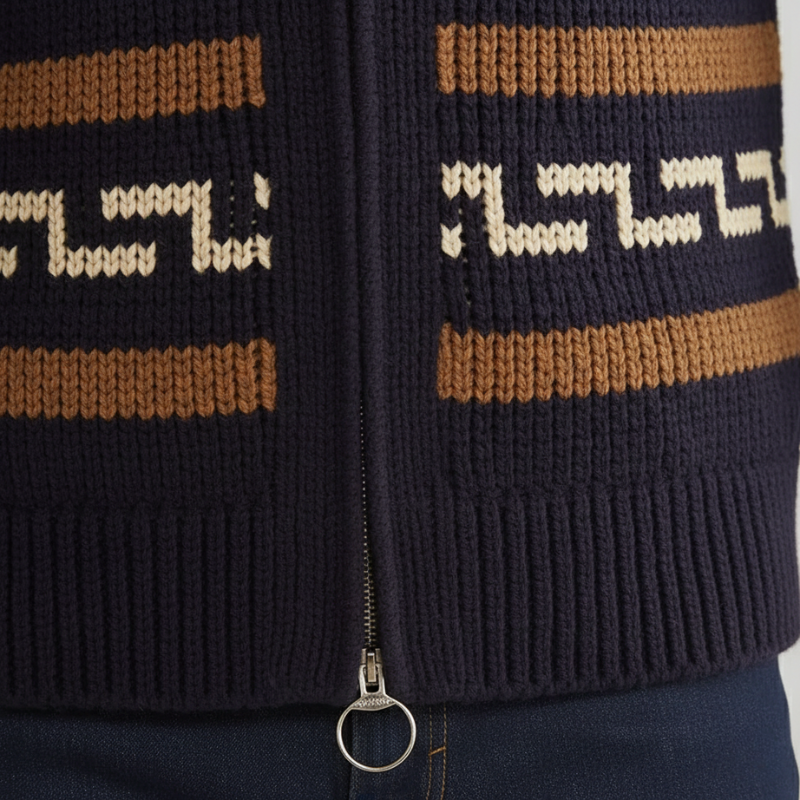 Close-up of knit cardigan showing geometric pattern, zipper detail, and textured fabric.