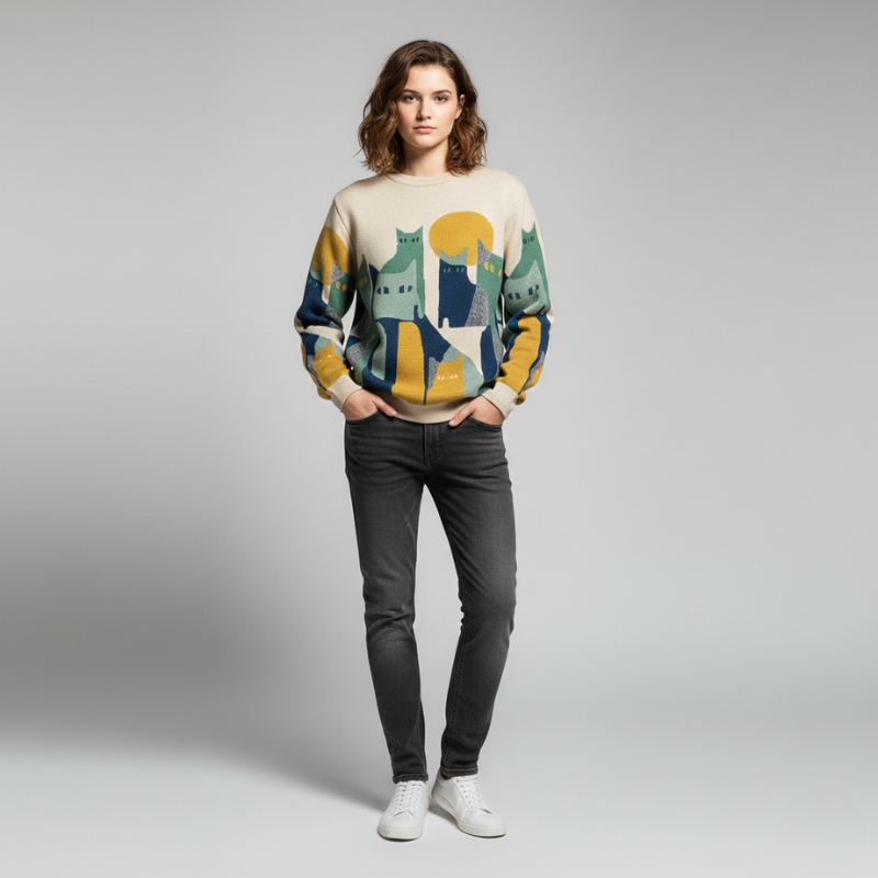 Person wearing a patterned sweater and dark jeans on a gray background