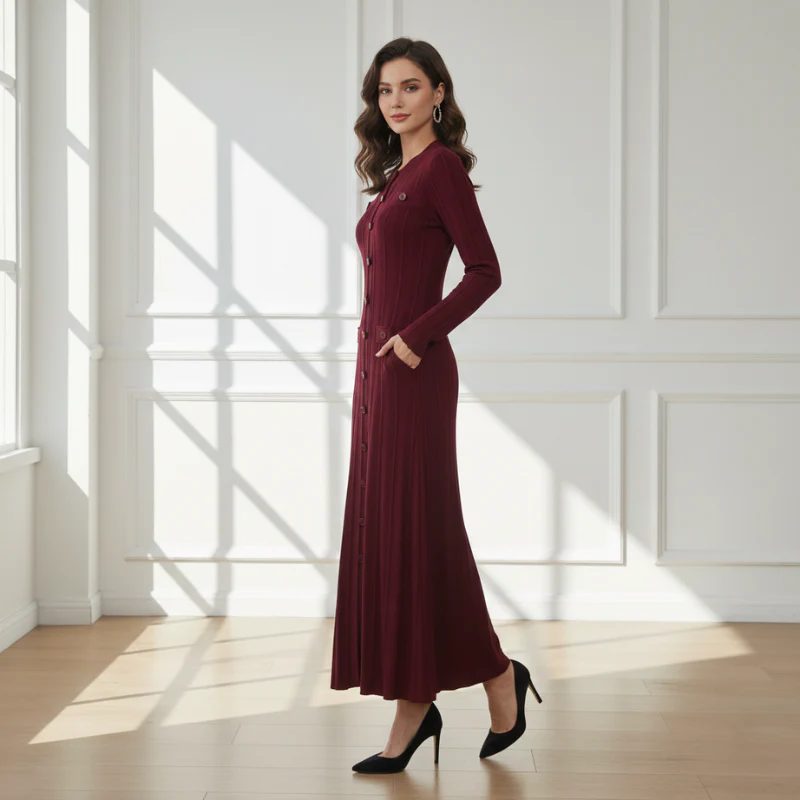 Woman in a burgundy dress standing in a bright room with sunlight streaming through large windows.