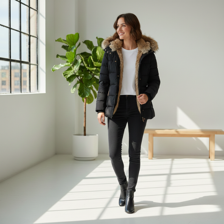Woman wearing a black puffer jacket with fur hood in a bright room with a plant and bench.