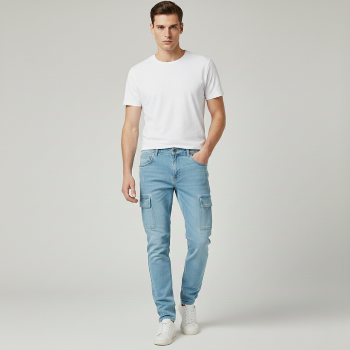 Light blue men’s cargo jeans with multiple pockets, slim fit design, and casual streetwear style