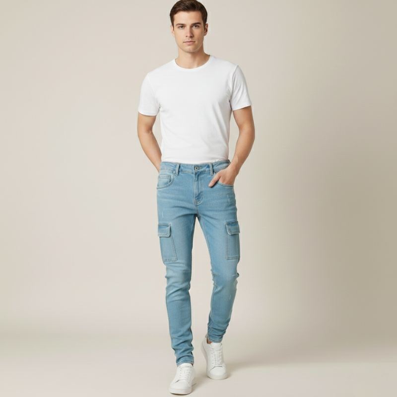 Light blue men’s cargo jeans featuring utility pockets and modern tapered fit