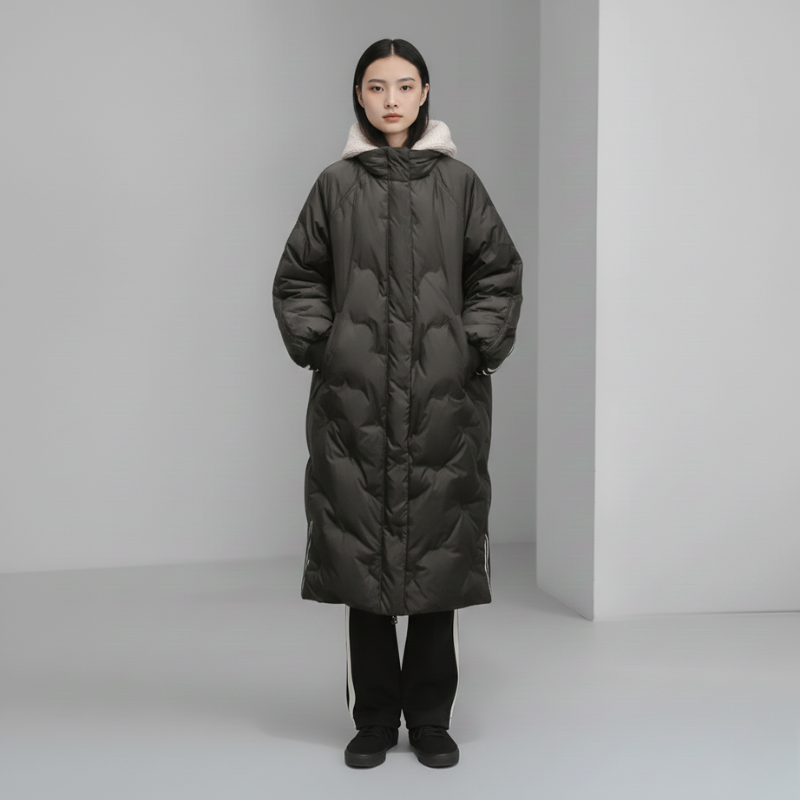 Person wearing a long dark green puffer coat against a plain background