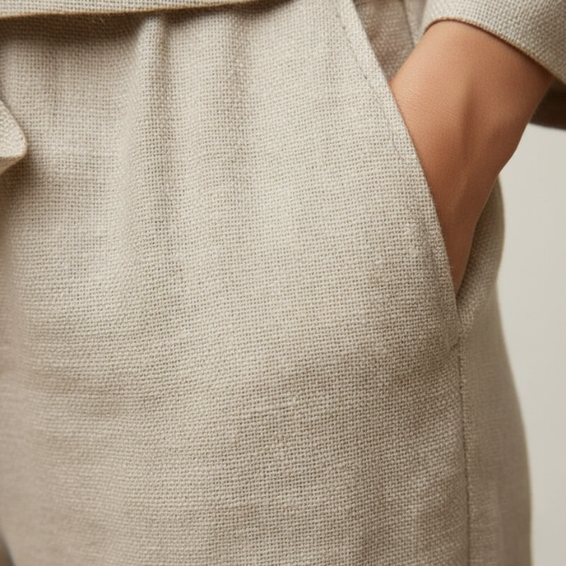 Close-up image showing the soft knit texture of the lounge set fabric in a neutral beige tone.