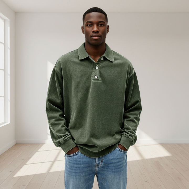 Male model in a beige knit polo sweatshirt featuring a casual loose fit and soft textured fabric.