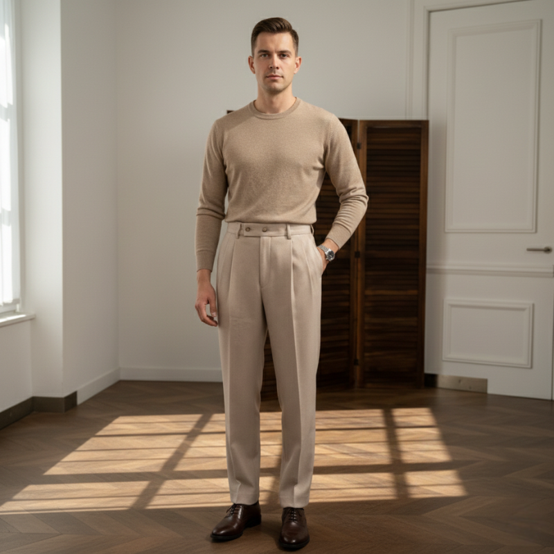 Full-body image of a man walking indoors wearing beige pleated dress pants with a fitted sweater.