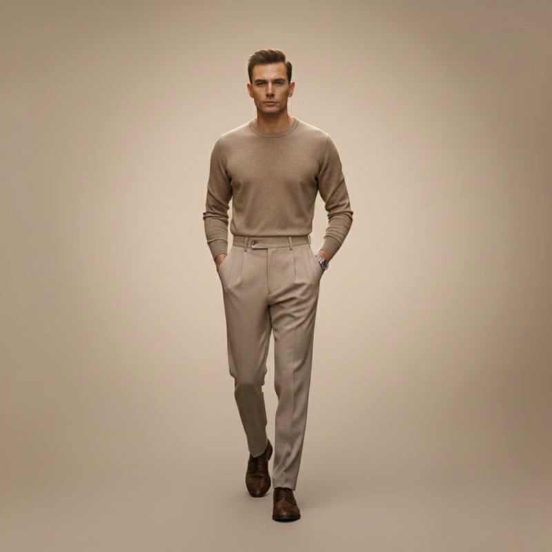 Man wearing beige slim-fit dress pants with a light sweater in warm studio lighting.