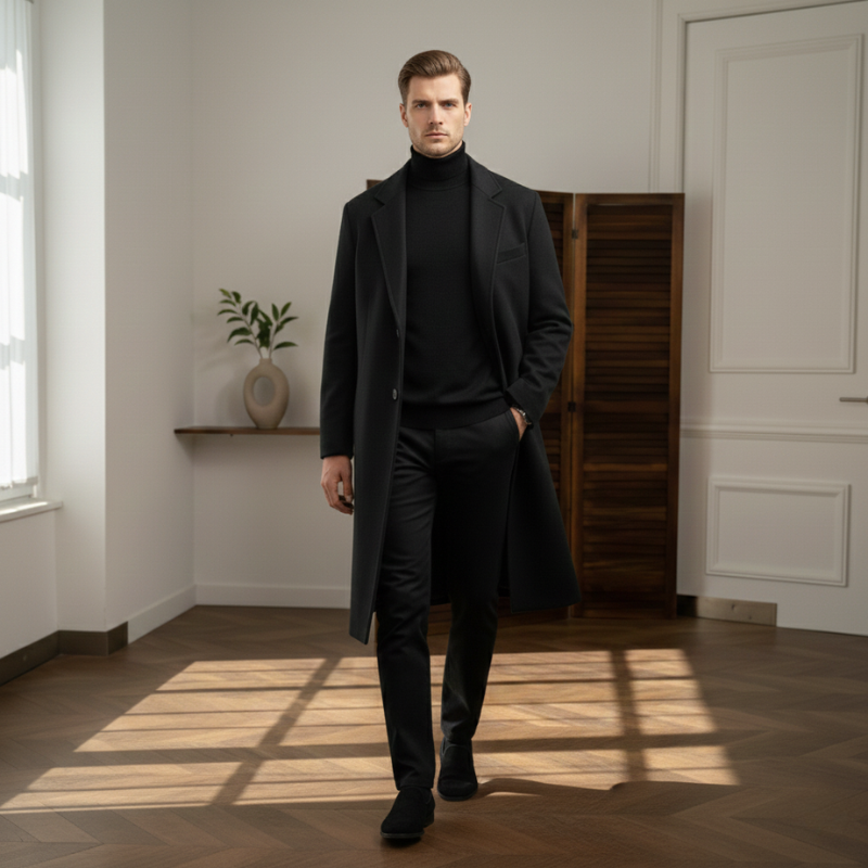 Man in a black coat and pants standing in a room with wooden flooring and white walls.