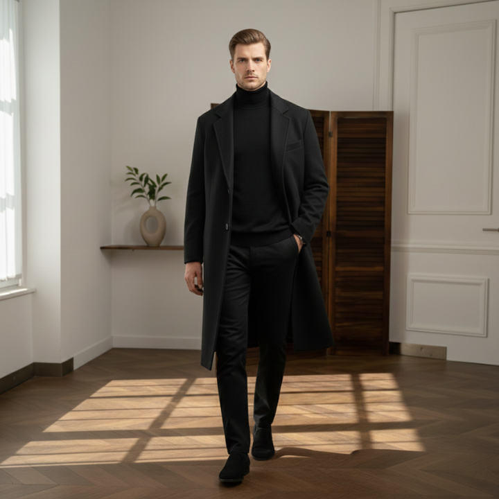 Man in a black coat and pants standing in a room with wooden flooring and white walls.