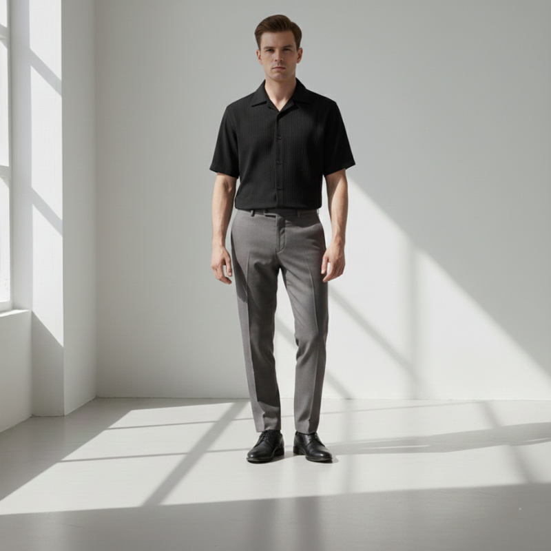 Male model in a black short-sleeve button-up shirt with a clean minimalist design.