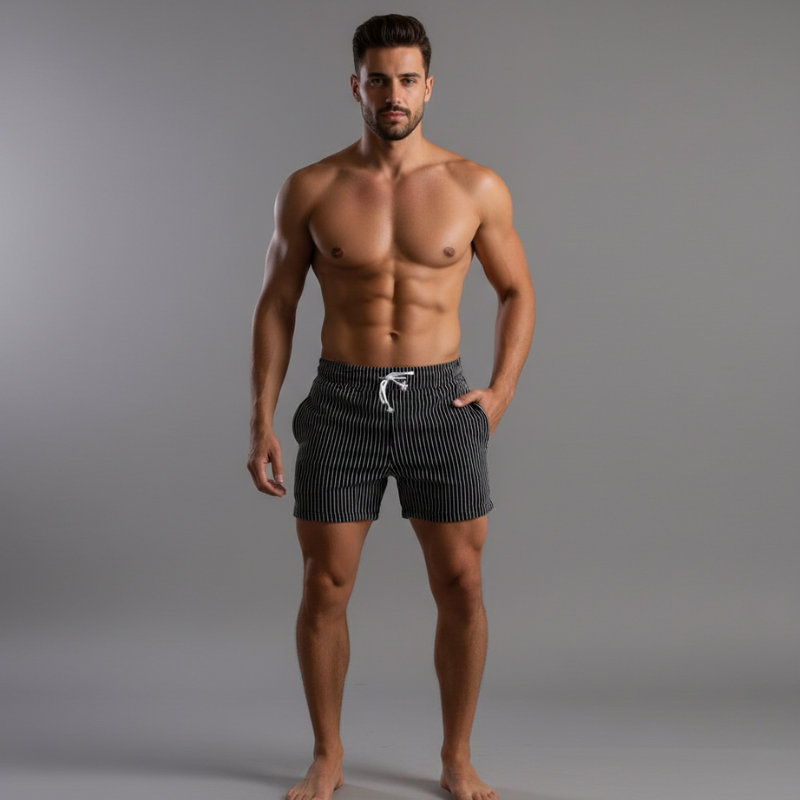 Man wearing black striped shorts against a gray background