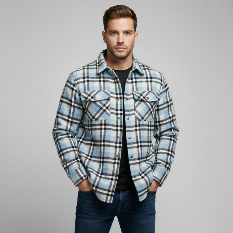 Male model wearing blue plaid shirt