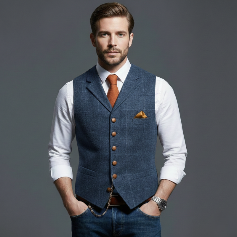 Man wearing a blue tweed waistcoat with brown buttons and a white shirt in a professional studio setting.