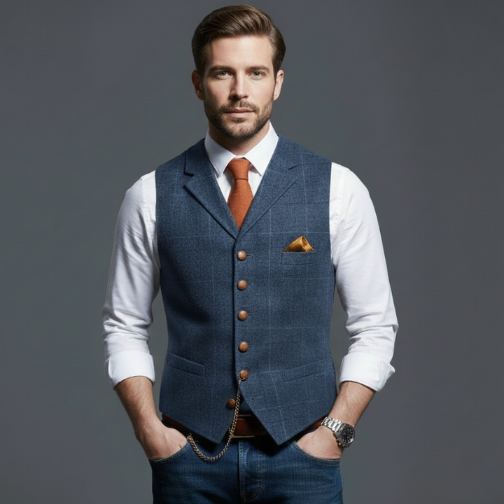 Man wearing a blue tweed waistcoat with brown buttons and a white shirt in a professional studio setting.