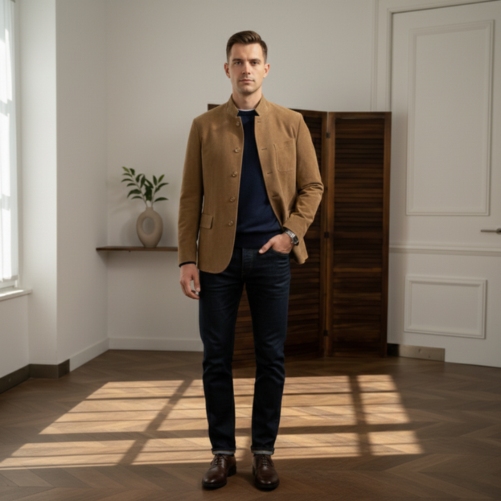 Man walking indoors wearing a brown casual blazer styled with a light blue shirt and dark jeans.