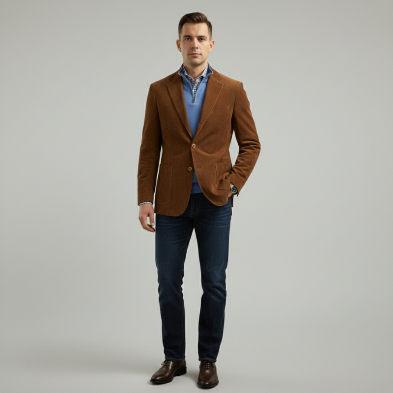 Man wearing a brown casual blazer jacket paired with a blue shirt and dark jeans in a clean studio setting.