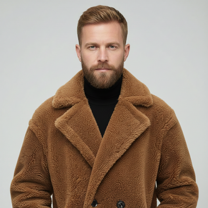 Portrait of a man wearing a brown fleece sherpa coat with a wide textured collar and soft finish.