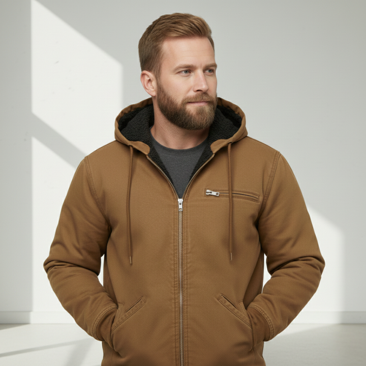 Male model wearing a brown hooded jacket with zipper front and ribbed cuffs in soft studio lighting.