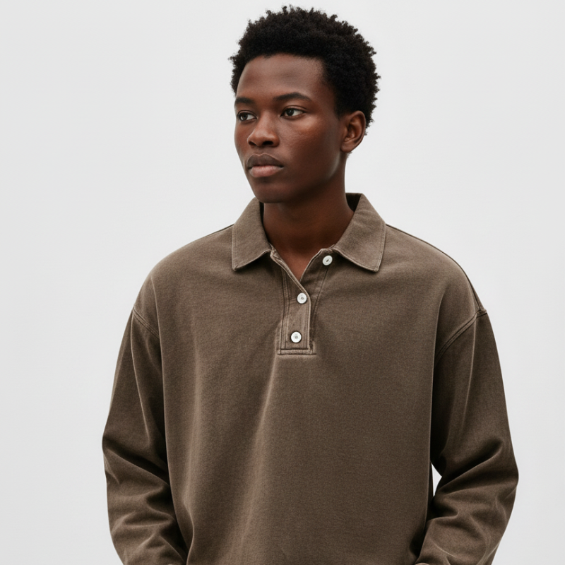 Male model in a brown collared knit sweatshirt featuring a casual fit and button placket.