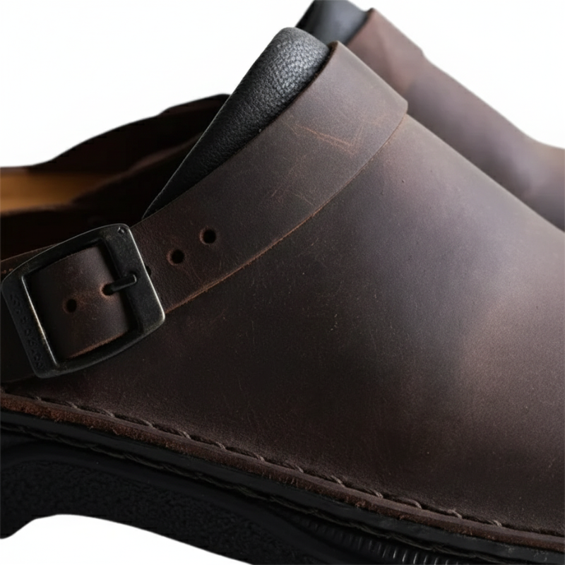 Pair of brown leather clog shoes displayed on a neutral background showing smooth finish.