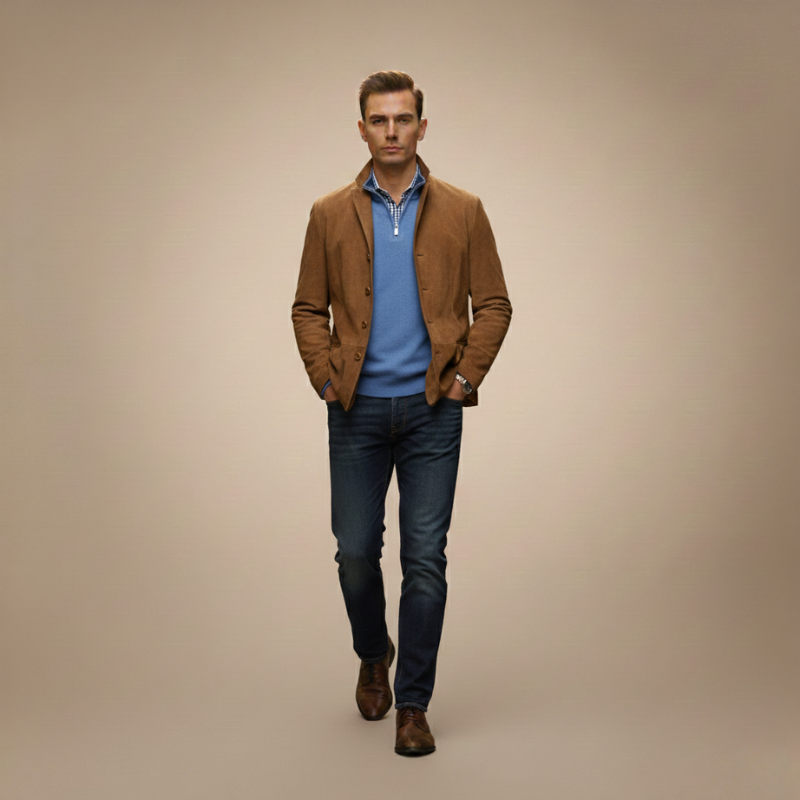 Man standing in warm studio lighting wearing a brown blazer jacket styled with jeans and dress shoes.