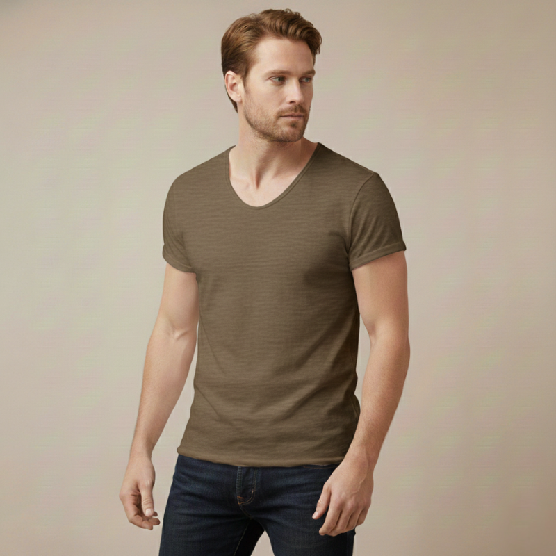 Man wearing a brown V-neck T-shirt with a relaxed fit and smooth cotton fabric in clean studio lighting.