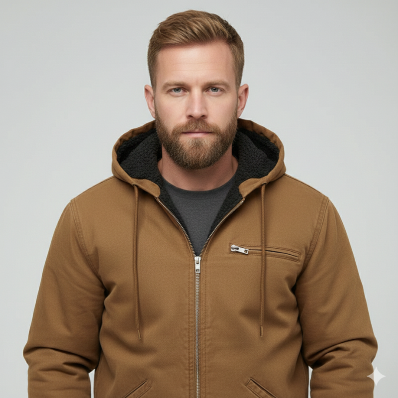 Close-up portrait of a man wearing a brown workwear jacket with a black hood and metal zipper.