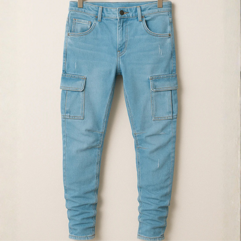 Light blue men’s cargo jeans with multiple pockets, slim fit design, and casual streetwear style