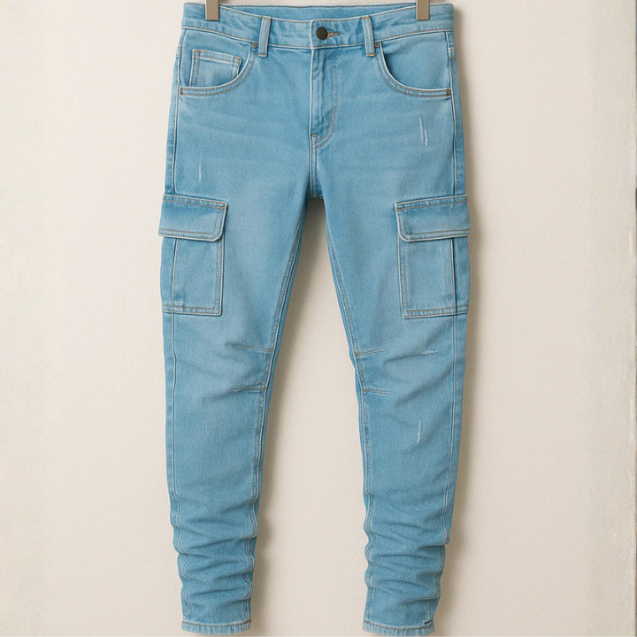 Light blue men’s cargo jeans with multiple pockets, slim fit design, and casual streetwear style