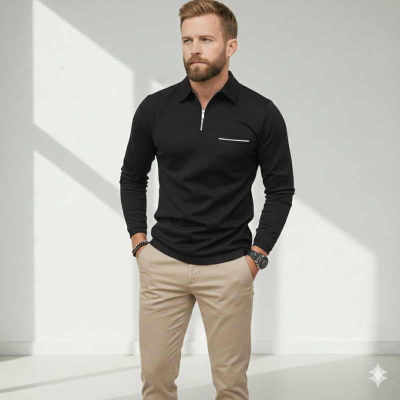 Man seated wearing a black long-sleeve quarter-zip polo shirt in natural indoor lighting.