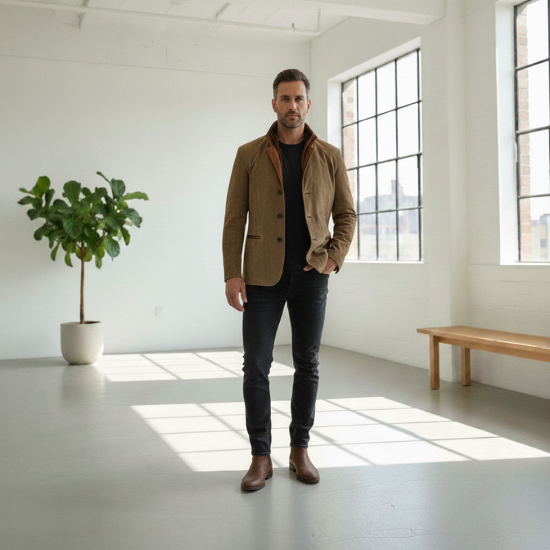 Man standing in a modern, well-lit room with large windows and a plant.