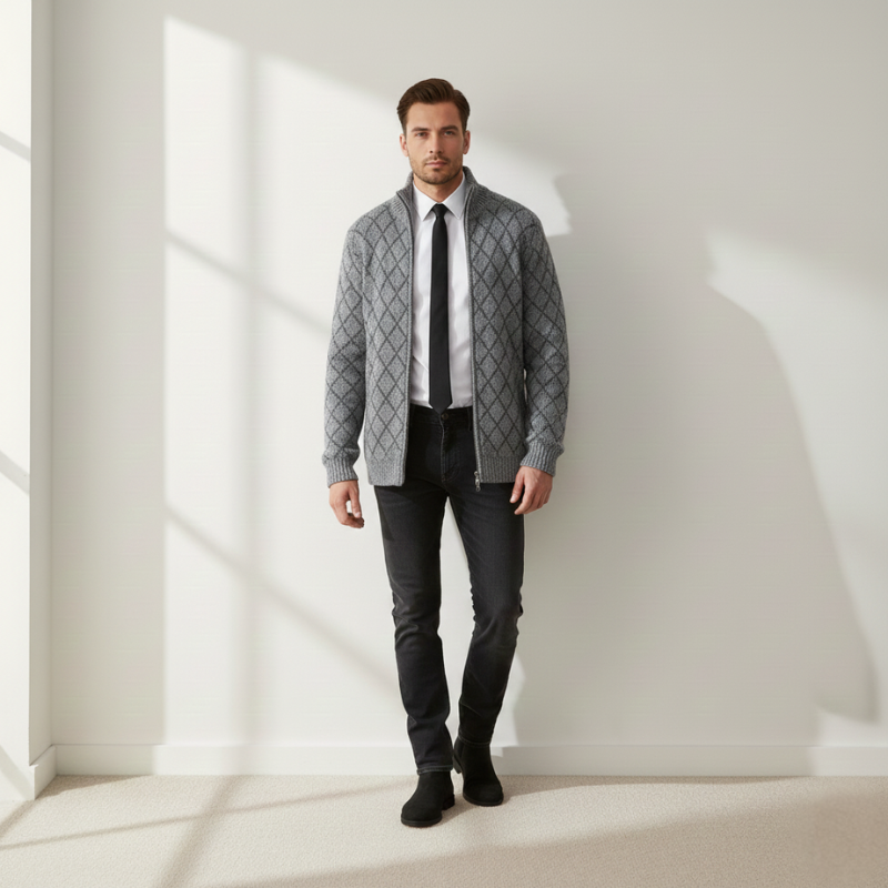 Man walking indoors wearing a gray zip cardigan layered over a shirt and tie in bright natural light.