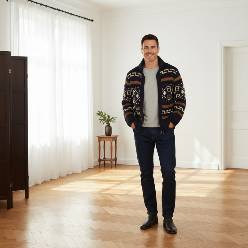 Male model standing indoors wearing a patterned knit cardigan with jeans in natural light.